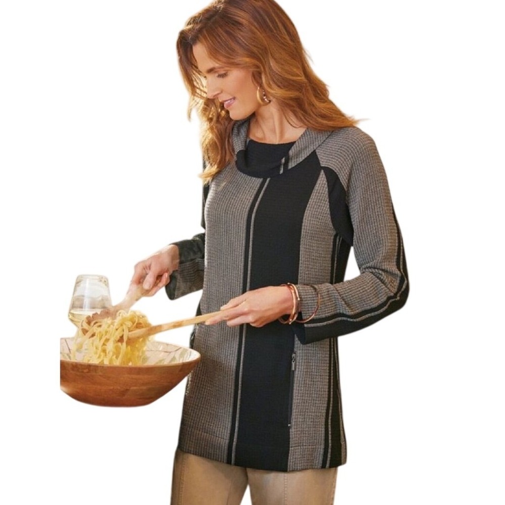 Soft Surroundings Medium Tunic Top Cowl Black Gray Pockets Crunchy Granola 909